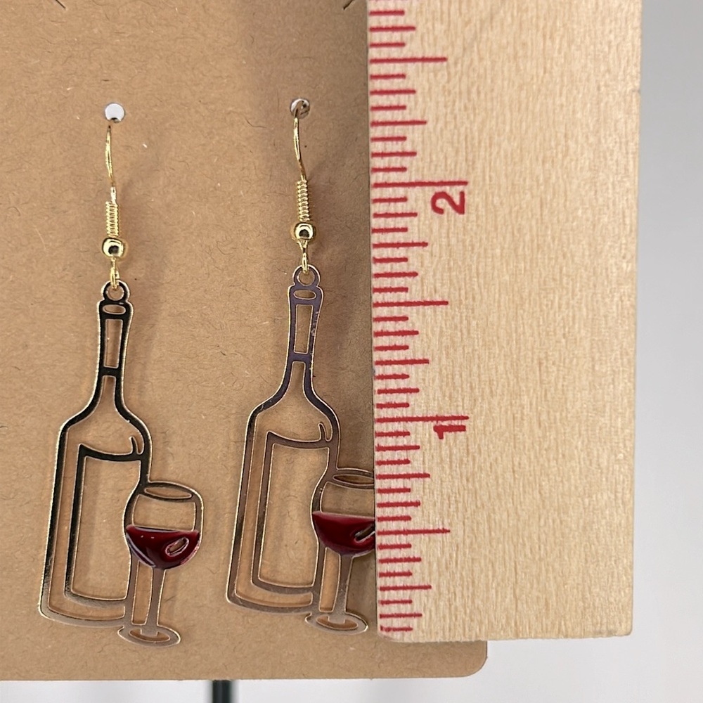 Wine Bottle & Wine Glass 18k Gold Platted Hook Design Dangle Earrings - Picture 2 of 2